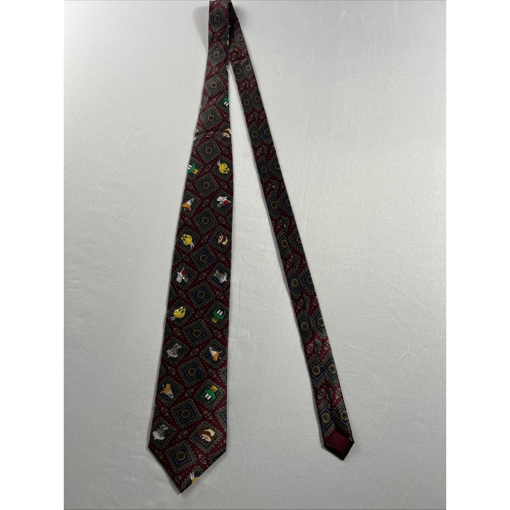 Sky Star Looney Tunes Silk Tie Bugs Bunny Marvin the Martian Burgundy Geometric - Picture 2 of 7